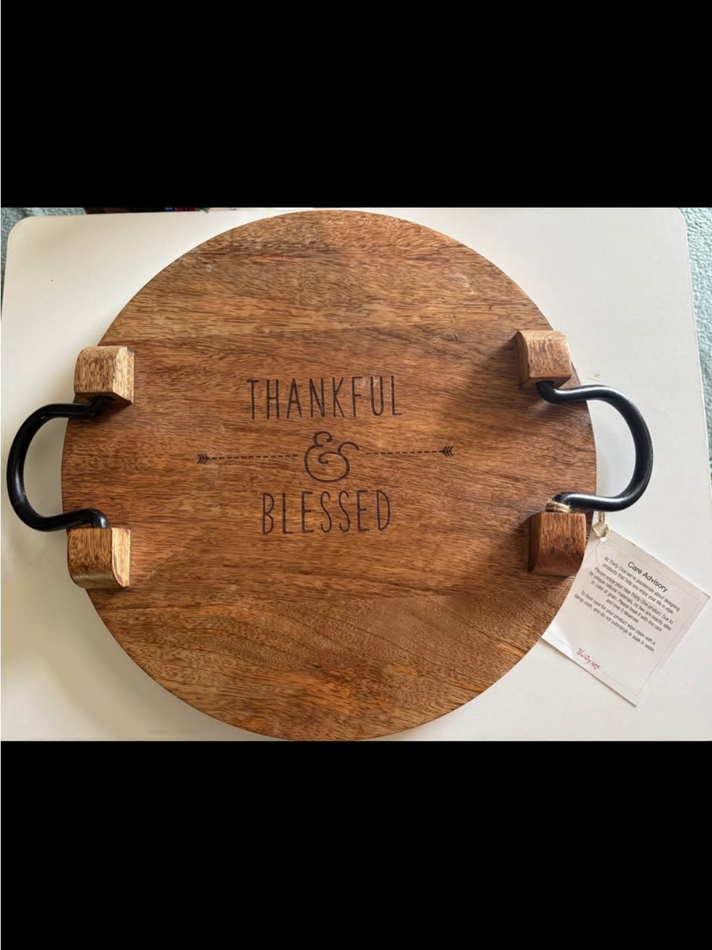 Thankful & Blessed Round Mango Wood Serving Tray with Black Handles